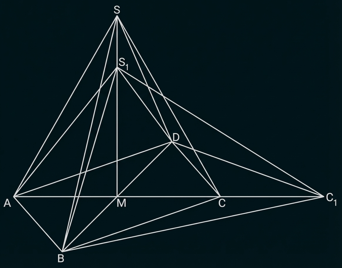 Geometrische Skizze eines dreidimensional wirkenden Dreiecks mit Punkten S, S1, D, A, B, C, C1, M und vielen Verbindungslinien